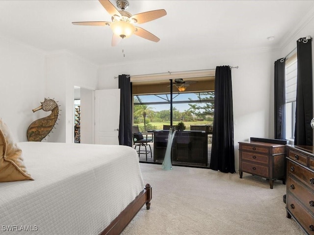 3913 Sapphire Way, Naples, FL 34114 - bedroom featuring ornamental molding, access to exterior, light carpet, and a ceiling fan