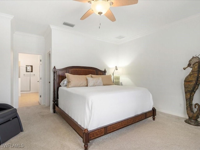3913 Sapphire Way, Naples, FL 34114 - carpeted bedroom with crown molding, a ceiling fan, and connected bathroom