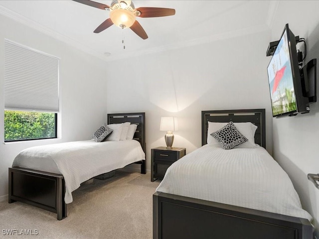 3913 Sapphire Way, Naples, FL 34114 - bedroom with light carpet, crown molding, ceiling fan, and baseboards