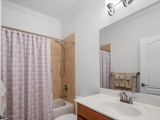 3913 Sapphire Way, Naples, FL 34114 - bathroom featuring vanity, ornamental molding, shower / tub combo with curtain, and toilet