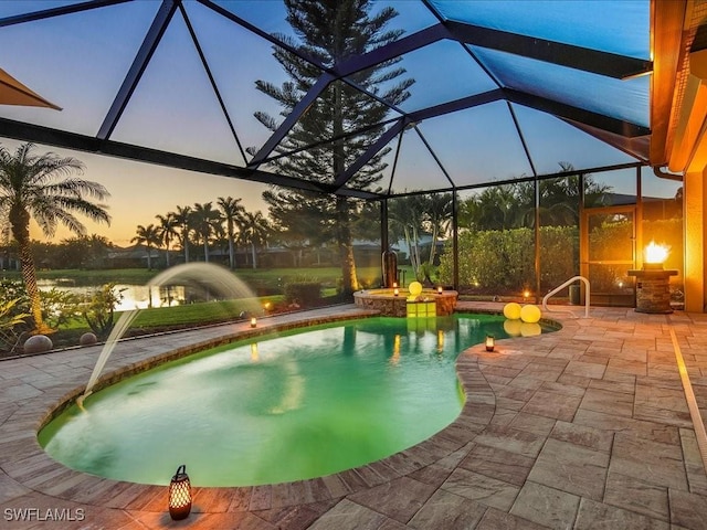 3913 Sapphire Way, Naples, FL 34114 - pool at dusk with an outdoor pool, a patio area, and glass enclosure