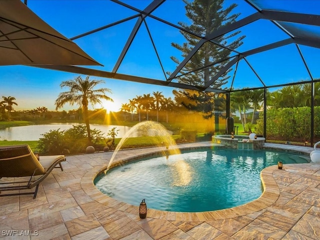 3913 Sapphire Way, Naples, FL 34114 - view of swimming pool with a patio area, a water view, a lanai, and a pool with connected hot tub