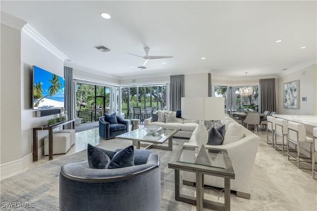 4111 Harbor Oaks Ct, Bonita Springs, FL 34134 - living area with crown molding, recessed lighting, ceiling fan, and a chandelier
