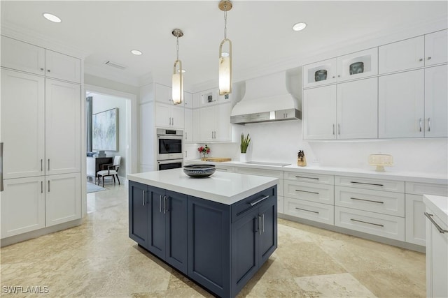 4111 Harbor Oaks Ct, Bonita Springs, FL 34134 - kitchen with premium range hood, white cabinetry, stainless steel double oven, black electric cooktop, and recessed lighting