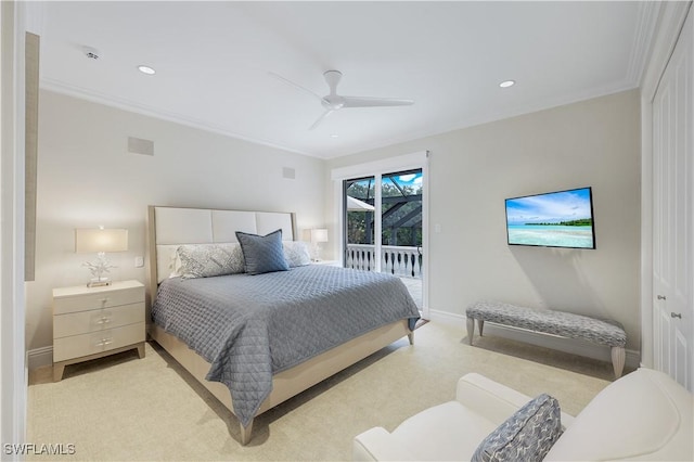 4111 Harbor Oaks Ct, Bonita Springs, FL 34134 - bedroom with access to outside, a ceiling fan, ornamental molding, light colored carpet, and recessed lighting