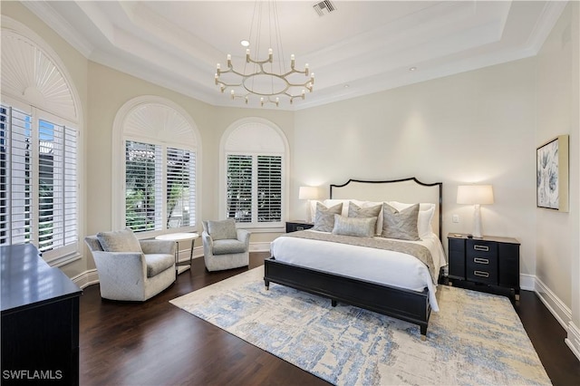 4111 Harbor Oaks Ct, Bonita Springs, FL 34134 - bedroom featuring a tray ceiling, a chandelier, ornamental molding, and wood finished floors