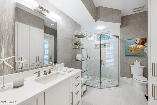 4111 Harbor Oaks Ct, Bonita Springs, FL 34134 - full bath with wallpapered walls, vanity, a shower stall, and marble finish floors