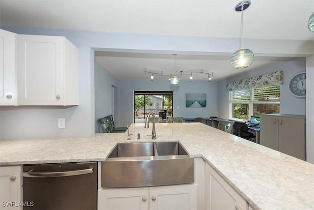 13951 Rod And Gun Club Rd, Fort Myers, FL 33913 - kitchen with dishwasher, a sink, white cabinets, hanging light fixtures, and light stone counters