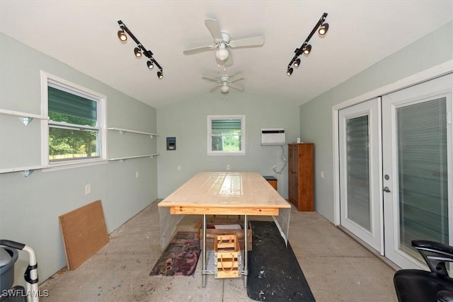 13951 Rod And Gun Club Rd, Fort Myers, FL 33913 - dining room featuring track lighting, french doors, ceiling fan, vaulted ceiling, and plenty of natural light