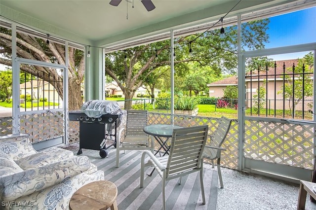 9201 Middle Oak Dr, Fort Myers, FL 33967 - sunroom featuring a ceiling fan, outdoor dining area, and plenty of natural light