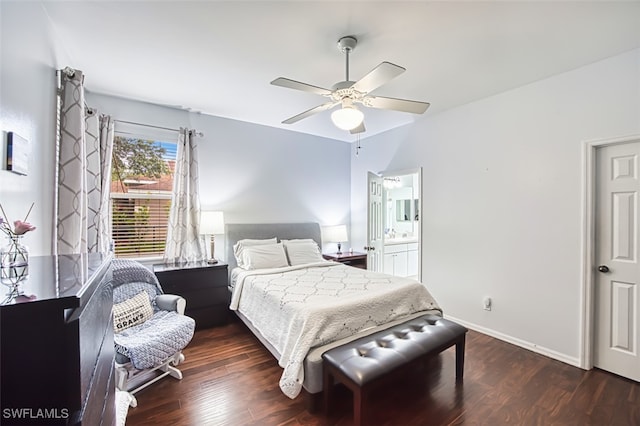 9201 Middle Oak Dr, Fort Myers, FL 33967 - bedroom featuring wood finished floors, baseboards, a ceiling fan, and ensuite bath