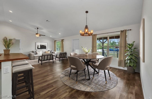 6405 Alan Blvd, Punta Gorda, FL 33982 - dining space featuring lofted ceiling, a chandelier, dark wood-style floors, recessed lighting, and ceiling fan