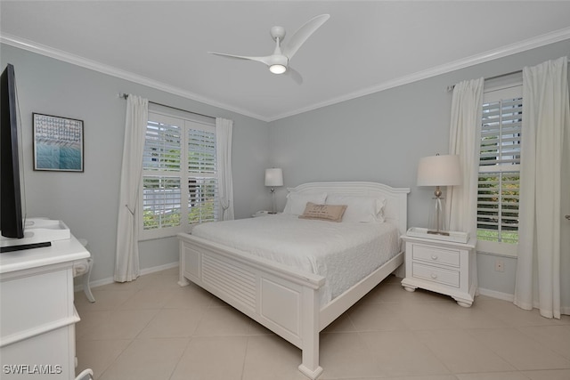 7058 Barrington Cir Unit 102, Naples, FL 34108 - bedroom with baseboards, crown molding, light tile patterned floors, and a ceiling fan