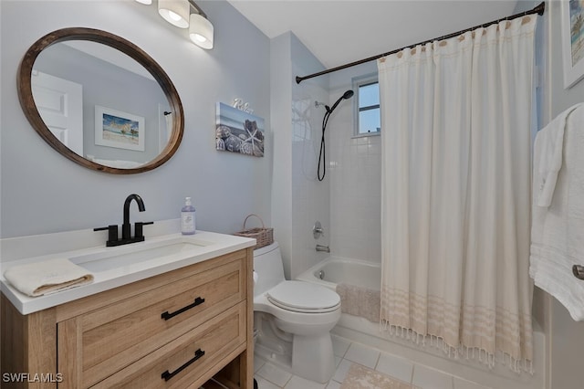 7058 Barrington Cir Unit 102, Naples, FL 34108 - bathroom featuring toilet, vanity, shower / bath combo with shower curtain, and tile patterned flooring
