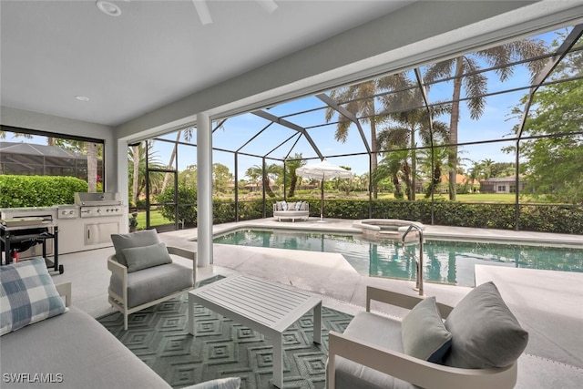 2722 Olde Cypress Dr, Naples, FL 34119 - view of swimming pool featuring a grill, an outdoor living space, a patio, a pool with connected hot tub, and a lanai