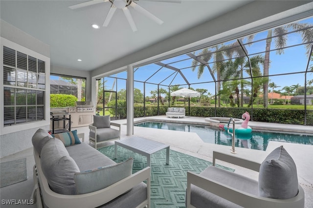 2722 Olde Cypress Dr, Naples, FL 34119 - view of patio / terrace with ceiling fan, an outdoor living space, a lanai, and a pool with connected hot tub