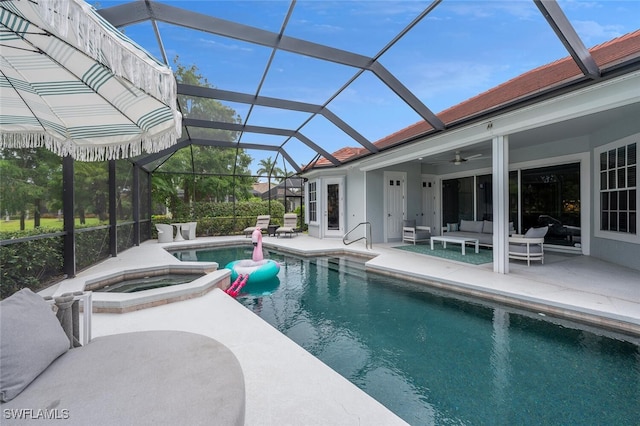 2722 Olde Cypress Dr, Naples, FL 34119 - view of swimming pool featuring an outdoor hangout area, a patio, ceiling fan, and a lanai
