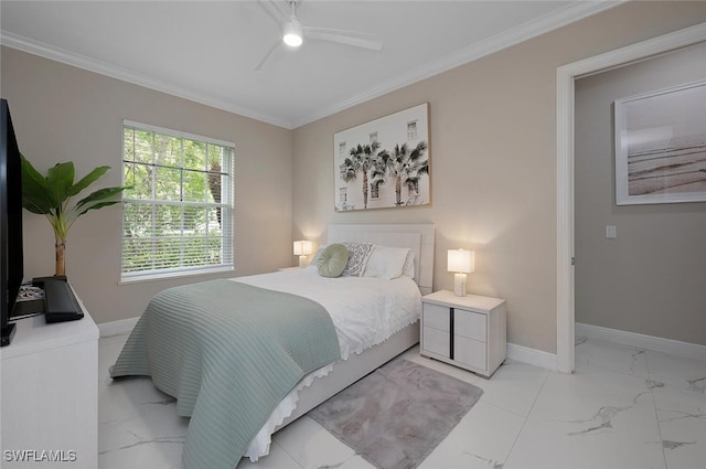 2722 Olde Cypress Dr, Naples, FL 34119 - bedroom featuring light marble finish flooring, crown molding, baseboards, and a ceiling fan