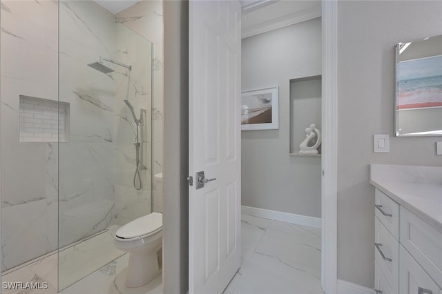2722 Olde Cypress Dr, Naples, FL 34119 - bathroom featuring marble finish flooring, vanity, a marble finish shower, and toilet