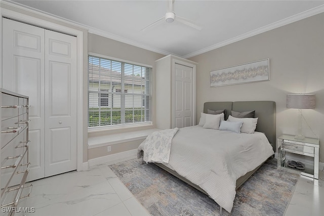 2722 Olde Cypress Dr, Naples, FL 34119 - bedroom with light marble finish floors, ornamental molding, a ceiling fan, and baseboards