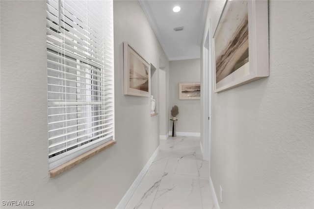 2722 Olde Cypress Dr, Naples, FL 34119 - corridor featuring marble finish floors, baseboards, crown molding, and recessed lighting