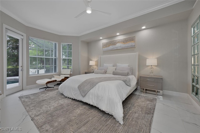 2722 Olde Cypress Dr, Naples, FL 34119 - bedroom featuring access to exterior, crown molding, marble finish flooring, baseboards, and a ceiling fan