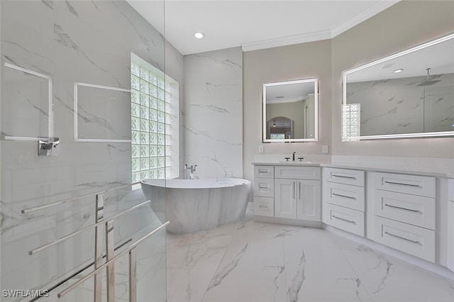 2722 Olde Cypress Dr, Naples, FL 34119 - full bathroom with a freestanding bath, vanity, marble tiled flooring, crown molding, and a marble finish shower