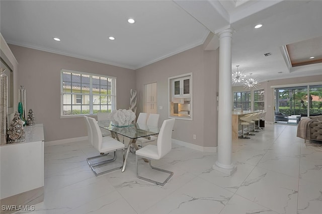 2722 Olde Cypress Dr, Naples, FL 34119 - dining space with baseboards, ornate columns, recessed lighting, ornamental molding, and marble finish flooring