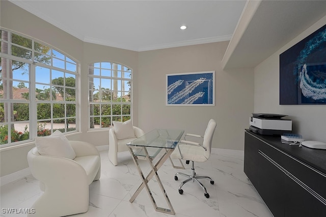 2722 Olde Cypress Dr, Naples, FL 34119 - office area featuring baseboards, light marble finish floors, crown molding, and recessed lighting