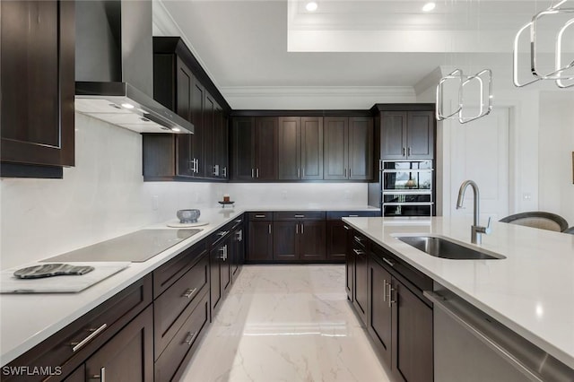 2488 Breakwater Way Unit 201, Naples, FL 34112 - kitchen with wall chimney exhaust hood, black appliances, light marble finish floors, crown molding, and light countertops