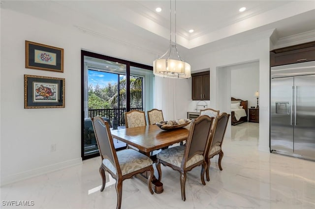 2488 Breakwater Way Unit 201, Naples, FL 34112 - dining area featuring light marble finish flooring, crown molding, recessed lighting, and a chandelier