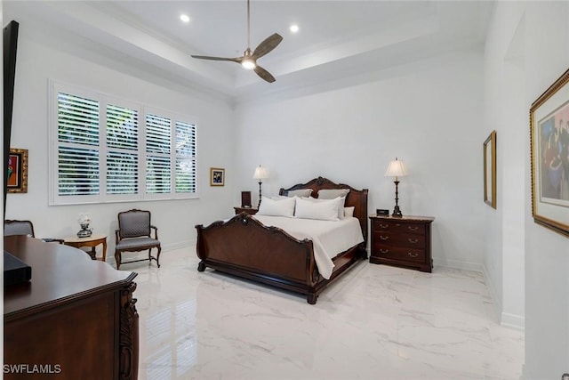 2488 Breakwater Way Unit 201, Naples, FL 34112 - bedroom with a raised ceiling, light marble finish flooring, recessed lighting, and ceiling fan
