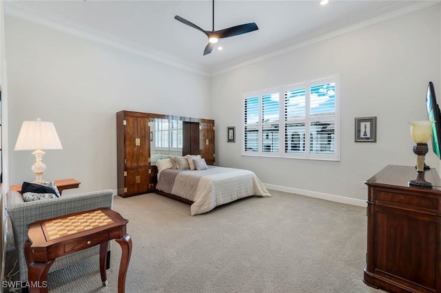 2488 Breakwater Way Unit 201, Naples, FL 34112 - bedroom featuring ornamental molding, light carpet, recessed lighting, and a ceiling fan