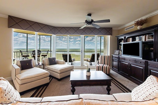 1050 Borghese Ln Unit 1101, Naples, FL 34114 - living area featuring ceiling fan, crown molding, and light tile patterned floors