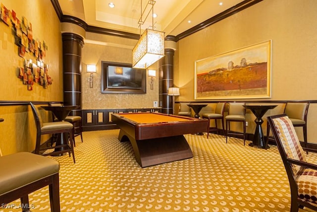 1050 Borghese Ln Unit 1101, Naples, FL 34114 - recreation room with ornamental molding, carpet, and pool table