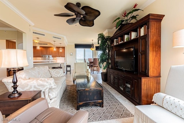 1050 Borghese Ln Unit 1101, Naples, FL 34114 - living area featuring crown molding, ceiling fan, and light tile patterned floors