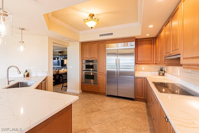 1050 Borghese Ln Unit 1101, Naples, FL 34114 - kitchen with stainless steel appliances, a tray ceiling, a sink, light stone countertops, and recessed lighting
