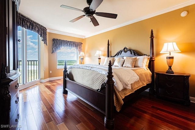 1050 Borghese Ln Unit 1101, Naples, FL 34114 - bedroom with access to outside, wood-type flooring, crown molding, baseboards, and ceiling fan