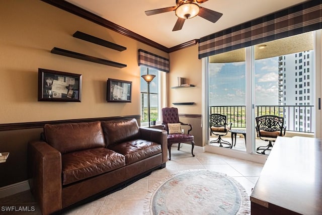 1050 Borghese Ln Unit 1101, Naples, FL 34114 - living area featuring ceiling fan, crown molding, tile patterned floors, and baseboards