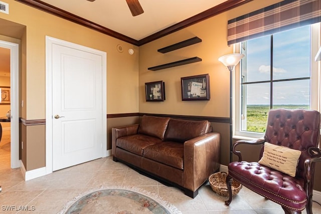 1050 Borghese Ln Unit 1101, Naples, FL 34114 - living room featuring ornamental molding, ceiling fan, tile patterned flooring, and baseboards