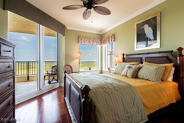 1050 Borghese Ln Unit 1101, Naples, FL 34114 - bedroom with crown molding, access to exterior, wood finished floors, ceiling fan, and baseboards