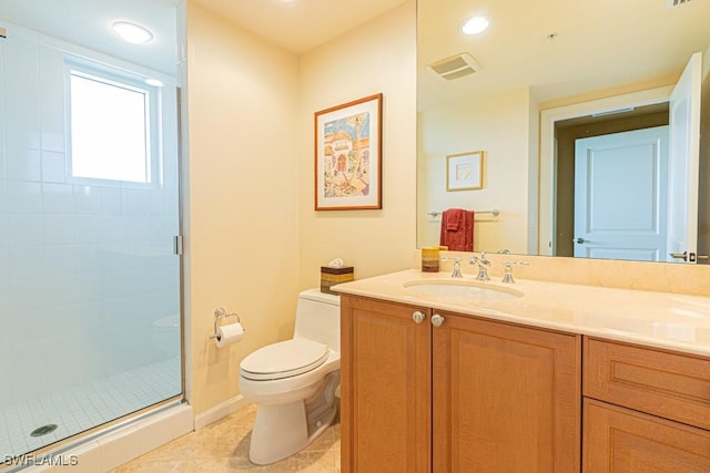 1050 Borghese Ln Unit 1101, Naples, FL 34114 - bathroom featuring toilet, vanity, a stall shower, tile patterned flooring, and recessed lighting