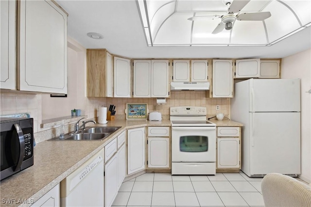 1010 SW 48th Ter Unit 102, Cape Coral, FL 33914 - kitchen with white appliances, under cabinet range hood, a sink, light countertops, and ceiling fan