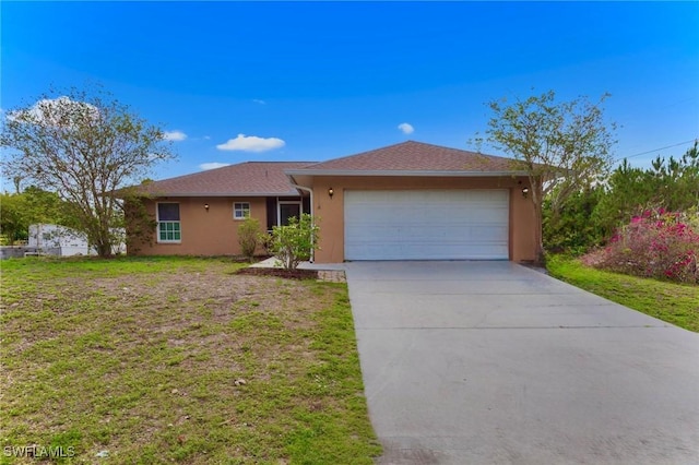 911 Medford Ave S, Lehigh Acres, FL 33974 - ranch-style house featuring stucco siding, a garage, driveway, and a front lawn