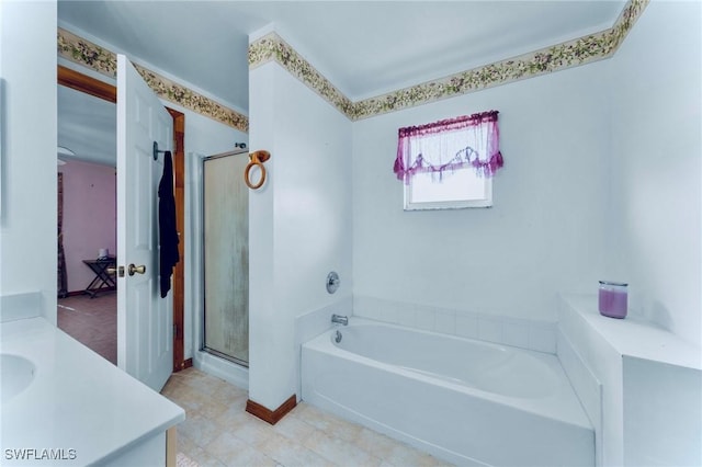 911 Medford Ave S, Lehigh Acres, FL 33974 - full bath featuring a bath, vanity, a shower stall, and tile patterned flooring
