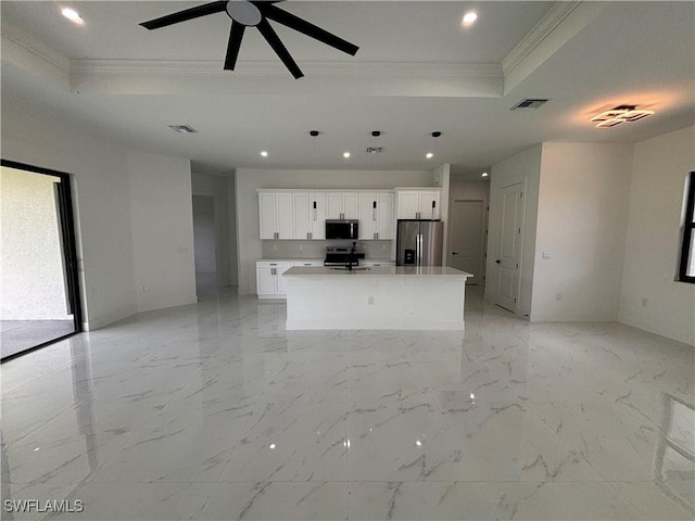 unfurnished living room with crown molding, recessed lighting, a tray ceiling, ceiling fan, and light marble finish flooring