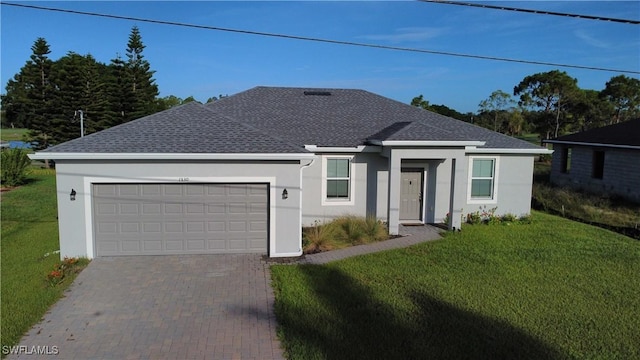 1530 NW 25th Ave, Cape Coral, FL 33993 - single story home featuring an attached garage, stucco siding, a front lawn, decorative driveway, and roof with shingles