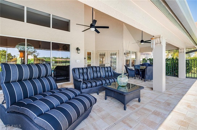 8241 Glenfinnan Cir, Fort Myers, FL 33912 - view of patio / terrace featuring ceiling fan, an outdoor hangout area, and french doors