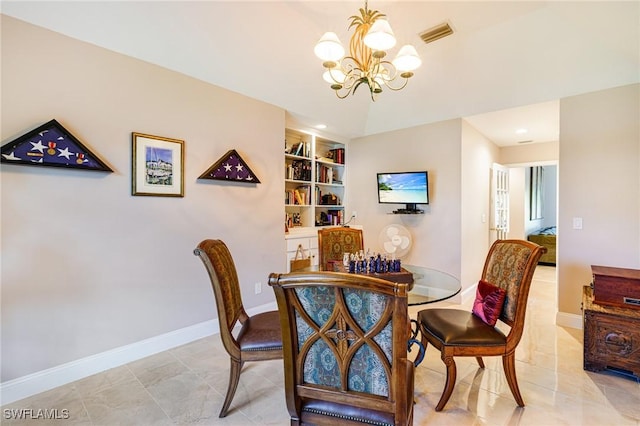 8241 Glenfinnan Cir, Fort Myers, FL 33912 - dining space with a chandelier, baseboards, built in shelves, recessed lighting, and light tile patterned floors