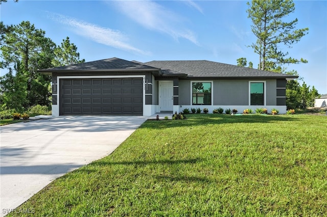 4011 7th St SW, Lehigh Acres, FL 33976 - ranch-style house with an attached garage, concrete driveway, stucco siding, and a front lawn